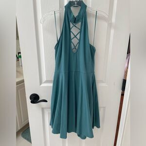 Express Teal Skater Dress Lattice High Halter Neck Women’s Size S